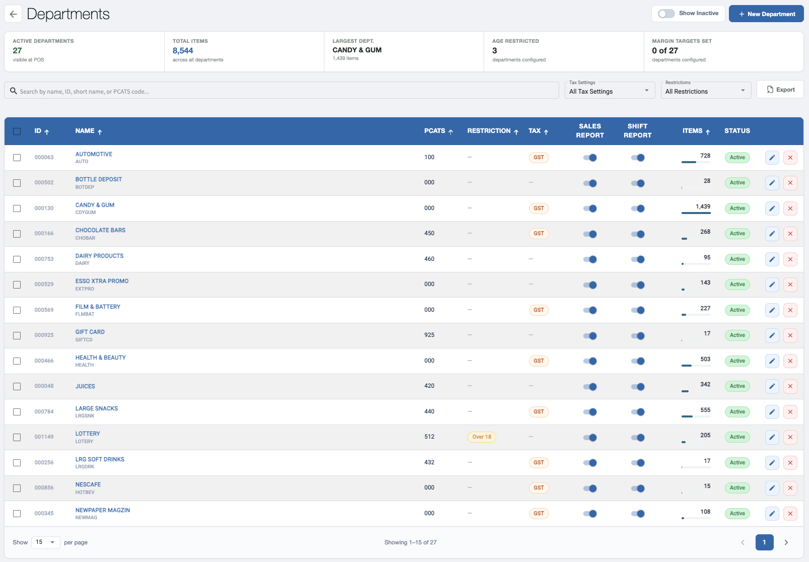 XSite Departments screen