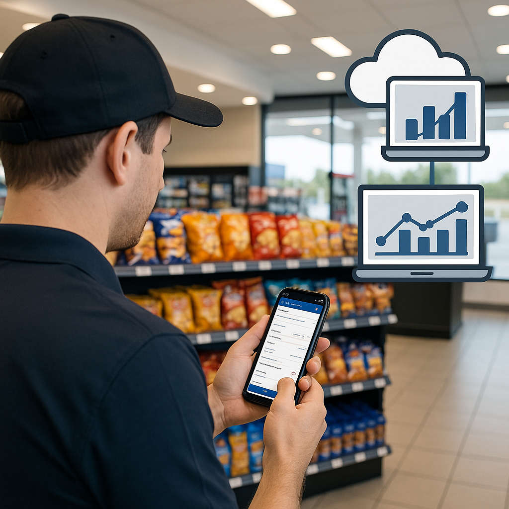 Inventory tracking app interface showing product scan and analytics for convenience store management using XSite Mobile.